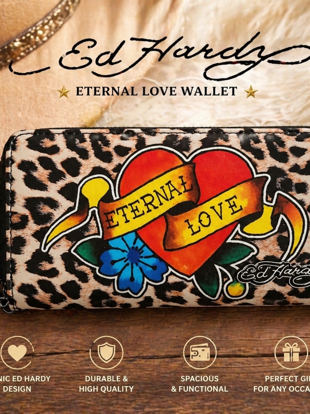 Ed Hardy Leopard “Eternal Love” Wallet – Y2K It-Girl Statement Wristlet ✨